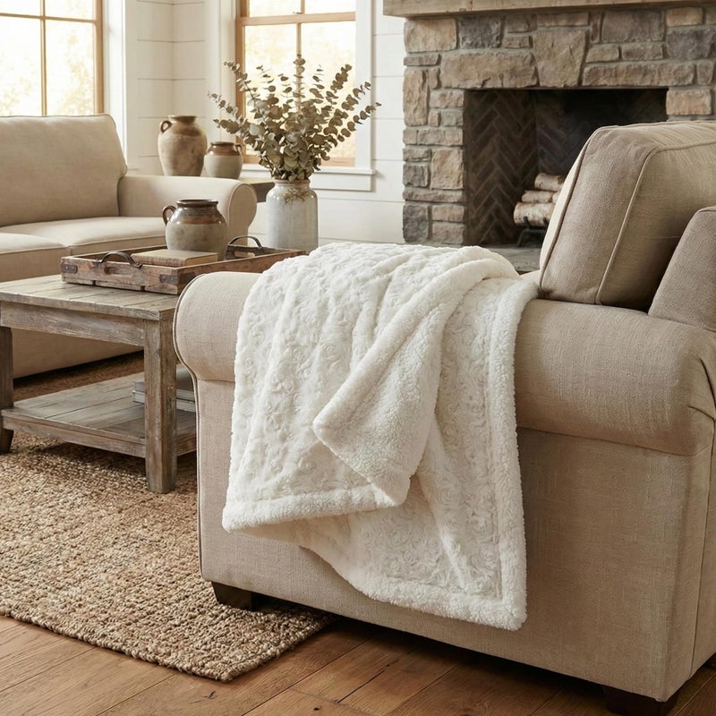 DaDa Bedding Collection بطانية دادة الفاخرة من الورد الأبيض، ناعمة ورقيقة، بفرو صناعي مع خلفية شيربا، بطانية سحاب سحابية - فائقة النعومة، دافئة، فخمة، صلبة، مناسبة للأريكة أو الكنبة أو السرير الملكي، 90" x 90" - Image 5